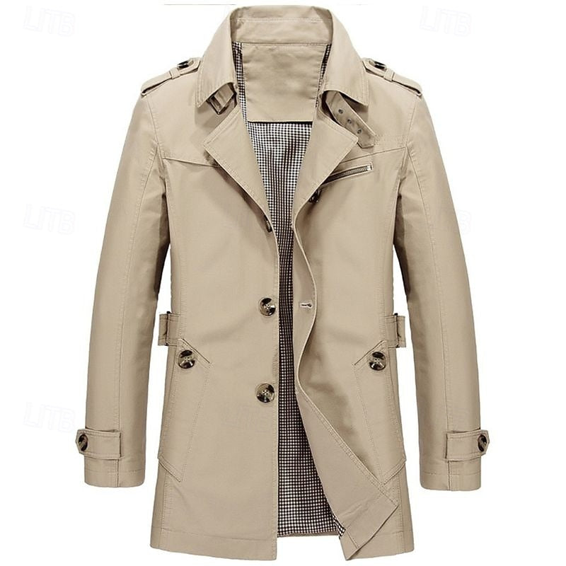 Men's Cotton Trench Coat Single-Breasted Notch Lapel Mid-Length Jacket – Casual, Office