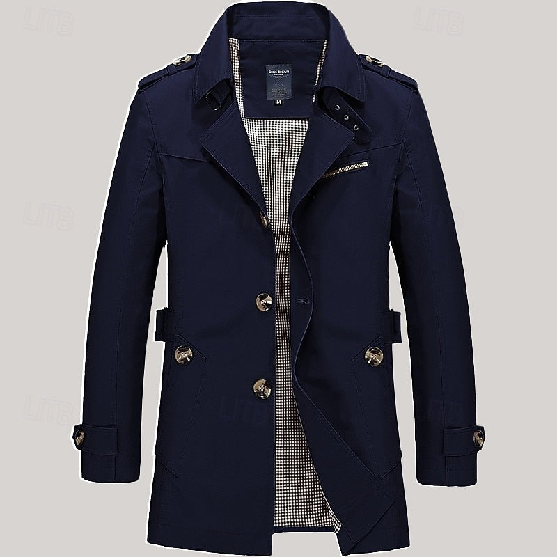 Men's Cotton Trench Coat Single-Breasted Notch Lapel Mid-Length Jacket – Casual, Office