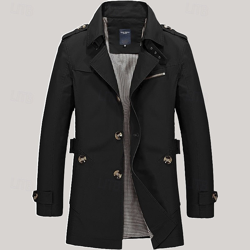 Men's Cotton Trench Coat Single-Breasted Notch Lapel Mid-Length Jacket – Casual, Office