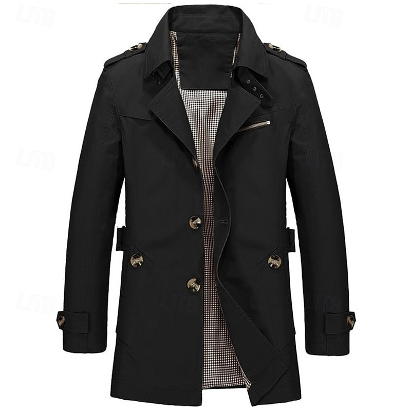 Men's Cotton Trench Coat Single-Breasted Notch Lapel Mid-Length Jacket – Casual, Office
