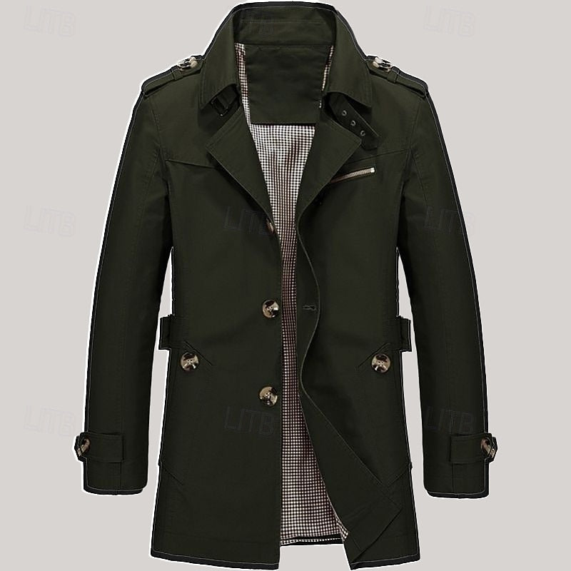 Men's Cotton Trench Coat Single-Breasted Notch Lapel Mid-Length Jacket – Casual, Office