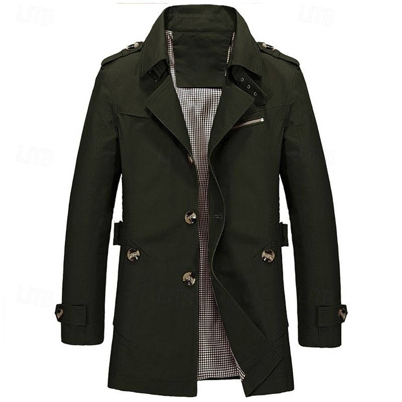 Men's Cotton Trench Coat Single-Breasted Notch Lapel Mid-Length Jacket – Casual, Office