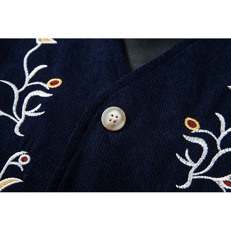 Men's Embroidered Waistcoat V-Neck Single-Breasted Floral Vest Brown – Casual, Office, Gift