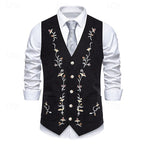 Men's Embroidered Waistcoat V-Neck Single-Breasted Floral Vest Brown – Casual, Office, Gift