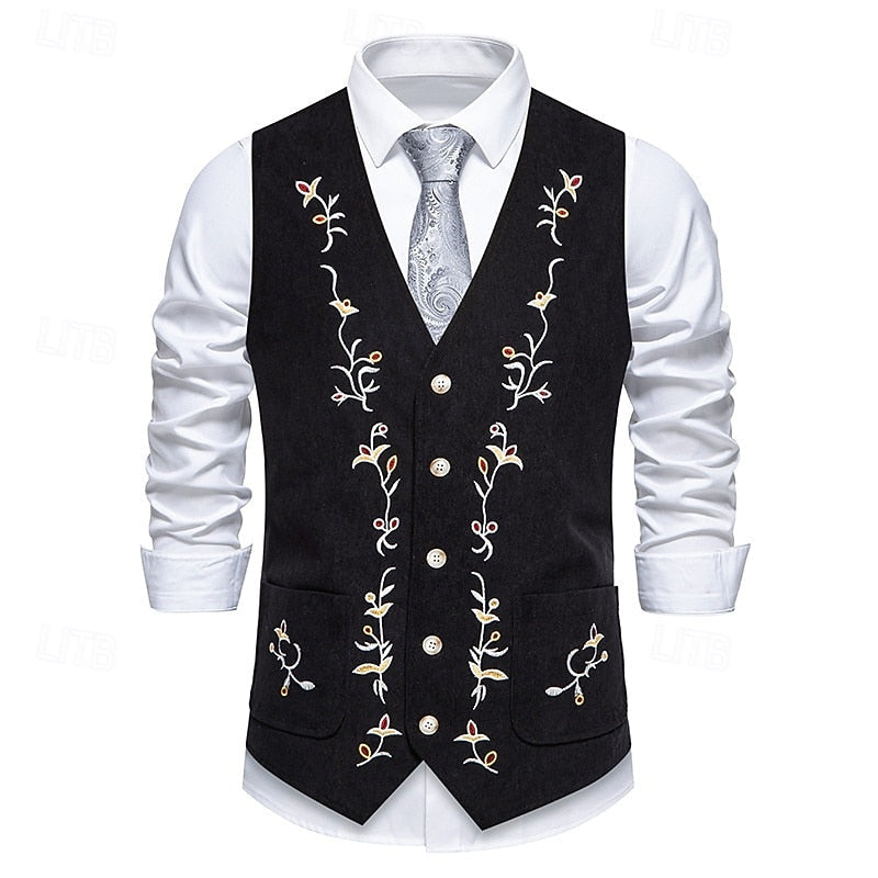 Men's Embroidered Waistcoat V-Neck Single-Breasted Floral Vest Brown – Casual, Office, Gift