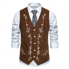 Men's Embroidered Waistcoat V-Neck Single-Breasted Floral Vest Brown – Casual, Office, Gift