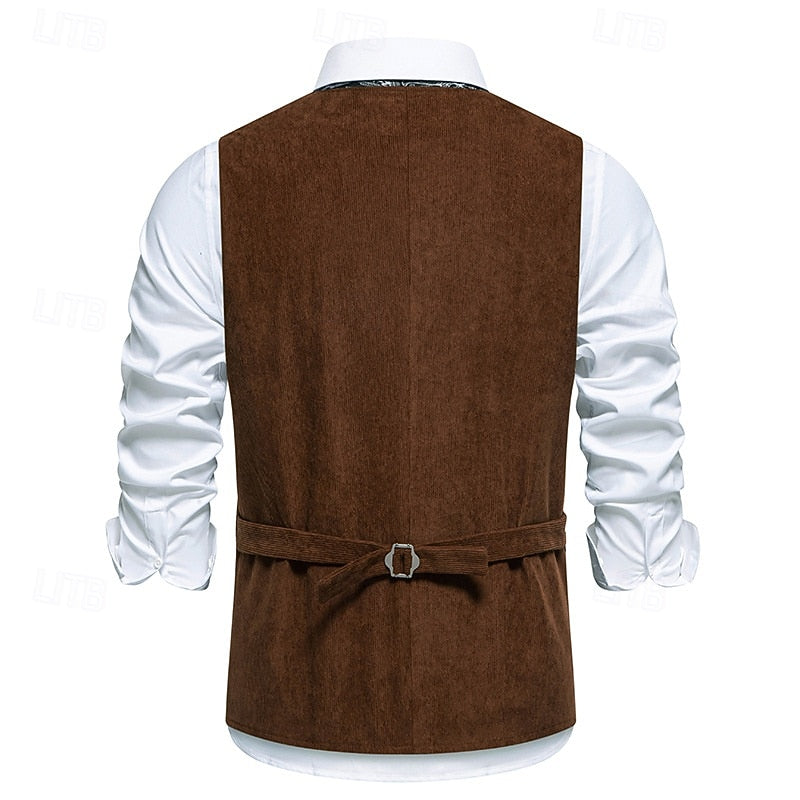 Men's Embroidered Waistcoat V-Neck Single-Breasted Floral Vest Brown – Casual, Office, Gift