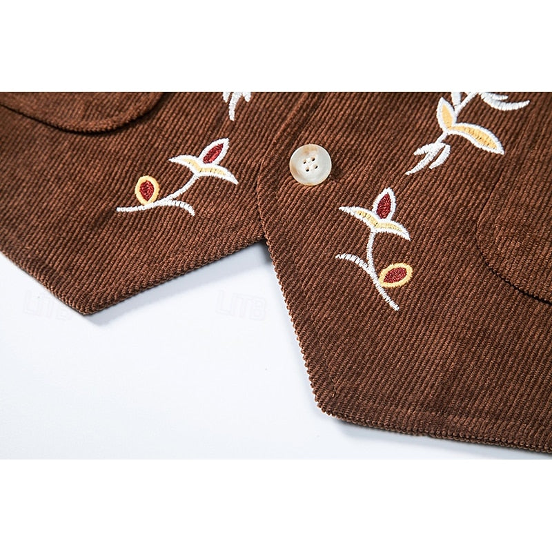 Men's Embroidered Waistcoat V-Neck Single-Breasted Floral Vest Brown – Casual, Office, Gift