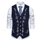 Men's Embroidered Waistcoat V-Neck Single-Breasted Floral Vest Brown – Casual, Office, Gift