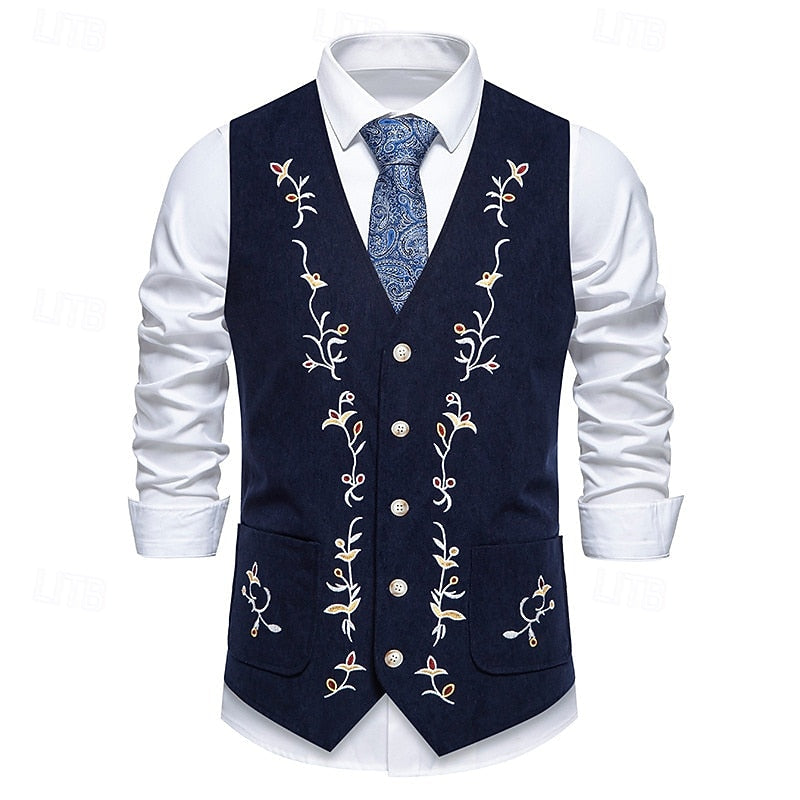 Men's Embroidered Waistcoat V-Neck Single-Breasted Floral Vest Brown – Casual, Office, Gift
