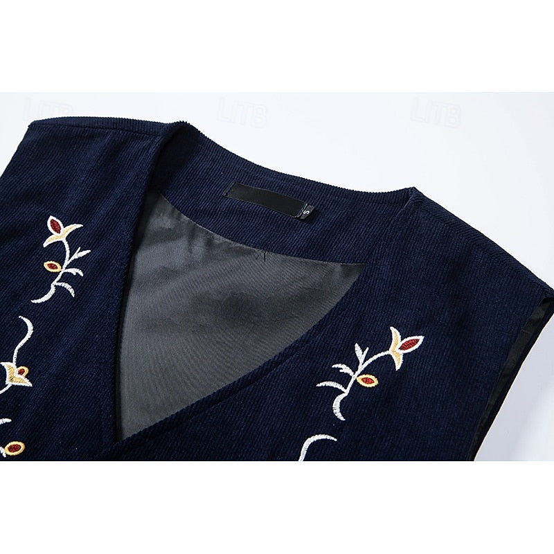 Men's Embroidered Waistcoat V-Neck Single-Breasted Floral Vest Brown – Casual, Office, Gift