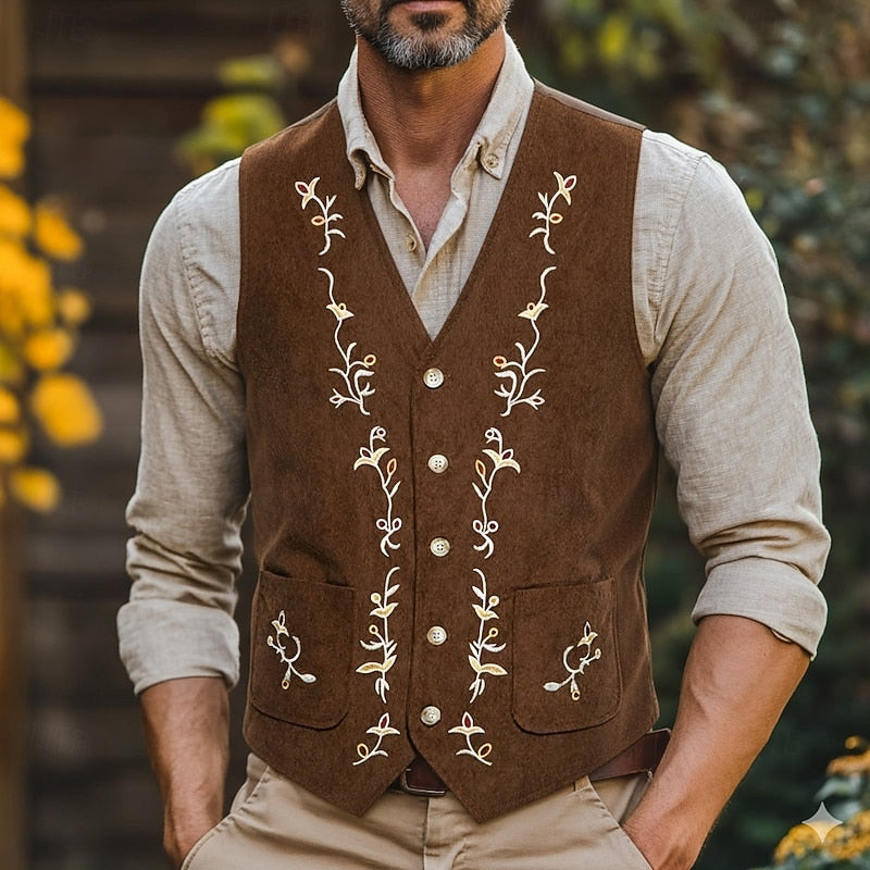 Men's Embroidered Waistcoat V-Neck Single-Breasted Floral Vest Brown – Casual, Office, Gift