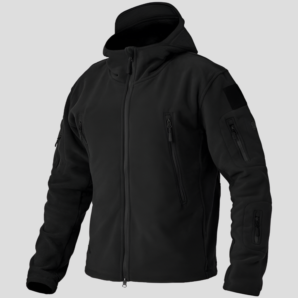 Men's Fleece Jacket Hooded Black Full-Zip Multi-Pocket – Casual, Outdoor, Tactical, Warm Everyday Wear