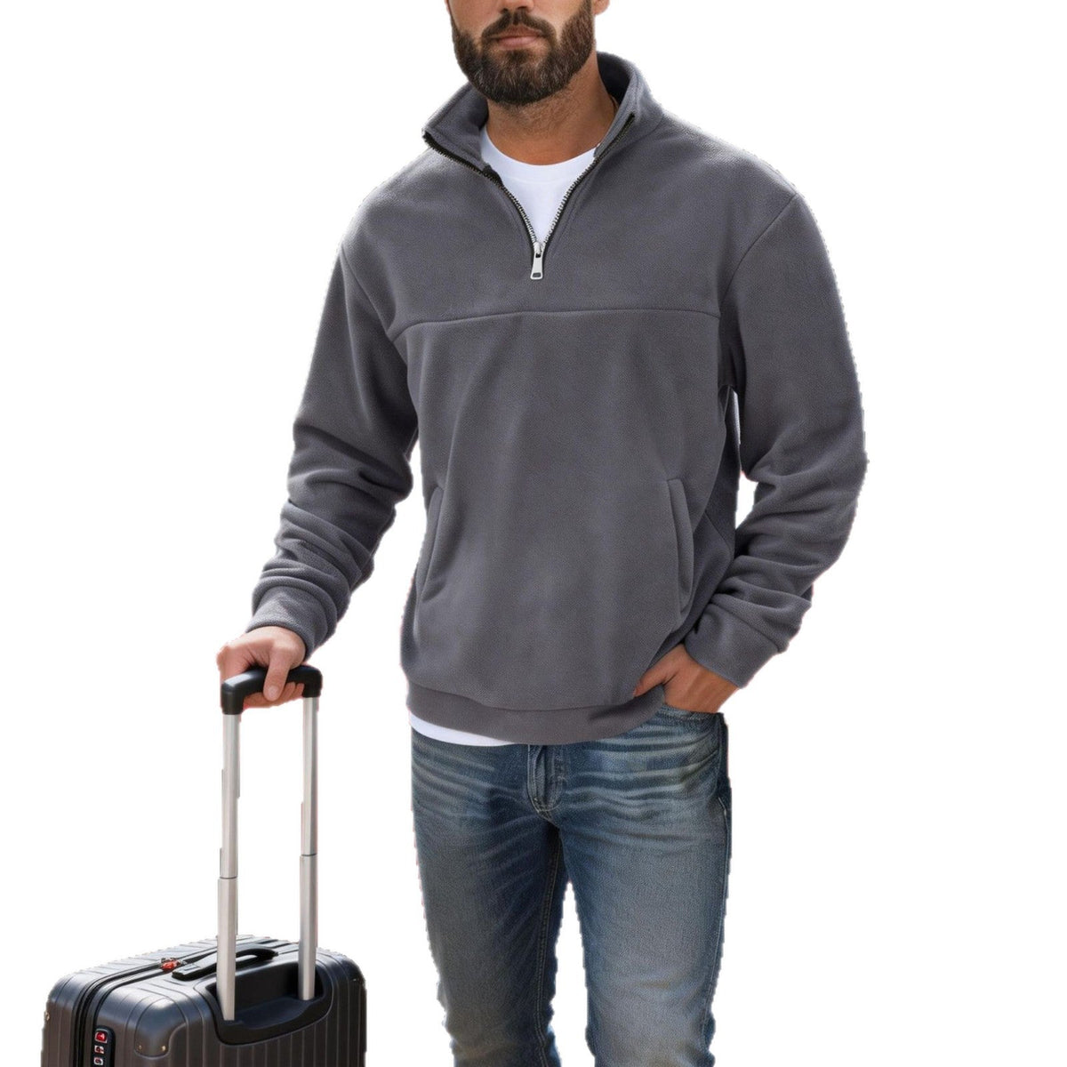 Men's Fleece Pullover Half-Zip Stand Collar Sweatshirt Gray – Casual, Travel, Office Layering Gift