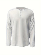 Men's Henley Shirt Long-Sleeve Waffle Knit White Button Placket – Casual, Office, Holiday, Gift