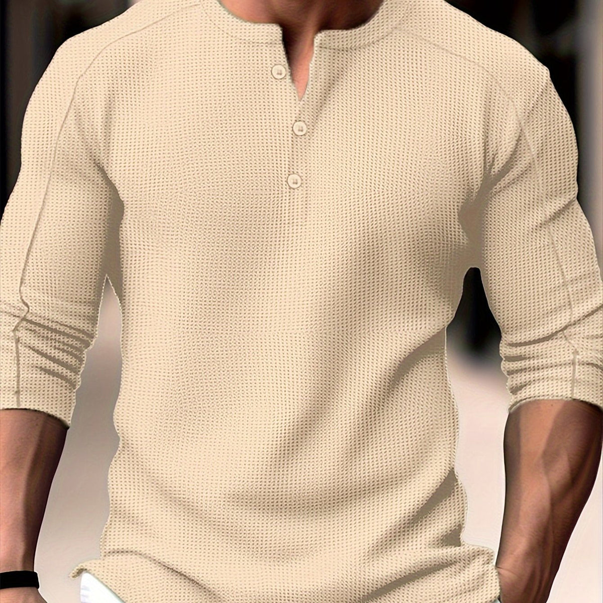 Men's Henley Shirt Long-Sleeve Waffle Knit White Button Placket – Casual, Office, Holiday, Gift