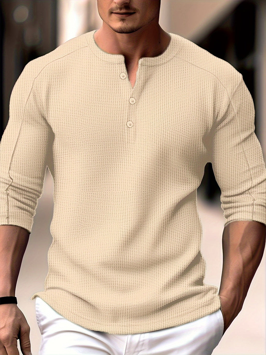 Men's Henley Shirt Long-Sleeve Waffle Knit White Button Placket – Casual, Office, Holiday, Gift