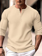 Men's Henley Shirt Long-Sleeve Waffle Knit White Button Placket – Casual, Office, Holiday, Gift