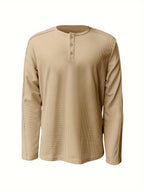 Men's Henley Shirt Long-Sleeve Waffle Knit White Button Placket – Casual, Office, Holiday, Gift