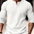 Men's Henley Shirt Long-Sleeve Waffle Knit White Button Placket – Casual, Office, Holiday, Gift