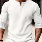 Men's Henley Shirt Long-Sleeve Waffle Knit White Button Placket – Casual, Office, Holiday, Gift