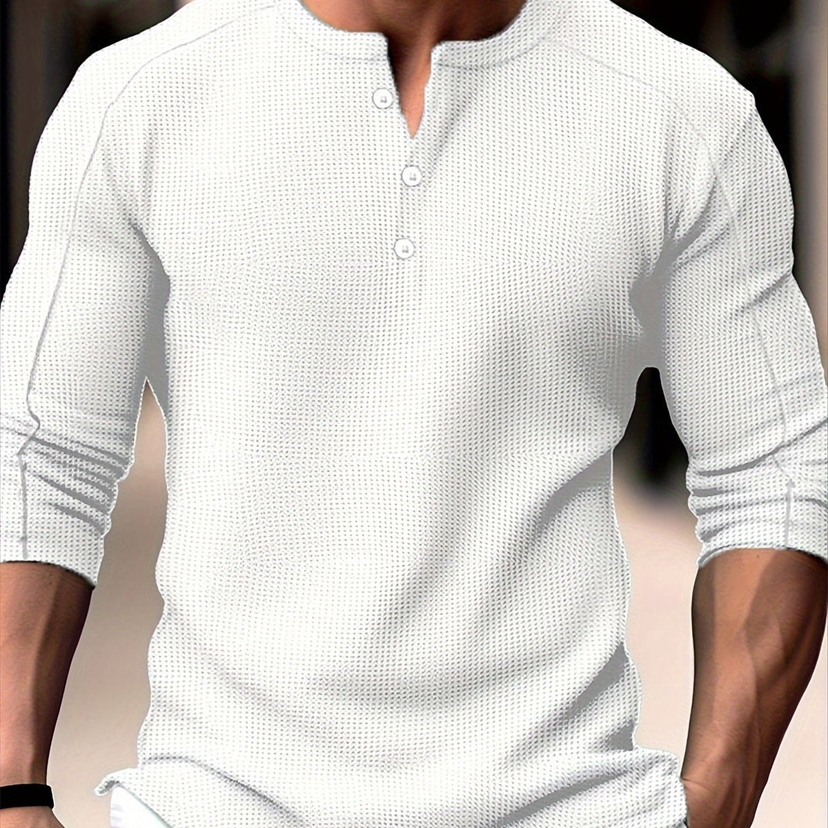 Men's Henley Shirt Long-Sleeve Waffle Knit White Button Placket – Casual, Office, Holiday, Gift
