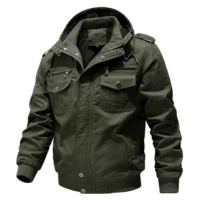 Men's Hooded Field Jacket Sherpa-Lined Cargo Pockets Green – Casual, Winter, Outdoor, Gift