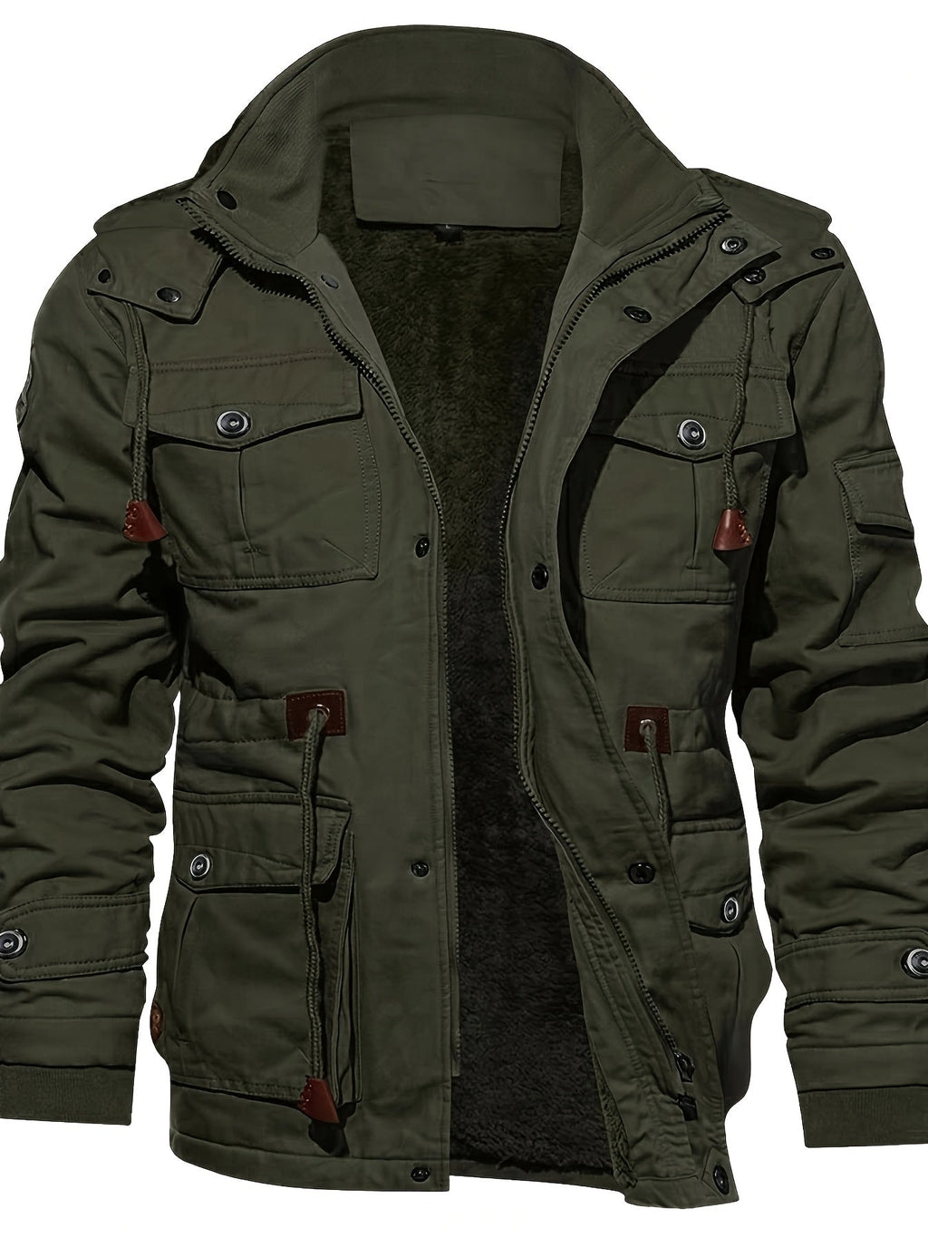 Men's Hooded Jacket Fleece-Lined Mid-Length Multi-Pocket Cargo Coat – Casual, Winter Outdoor Gift