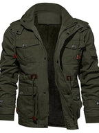Men's Hooded Jacket Fleece-Lined Mid-Length Multi-Pocket Cargo Coat – Casual, Winter Outdoor Gift