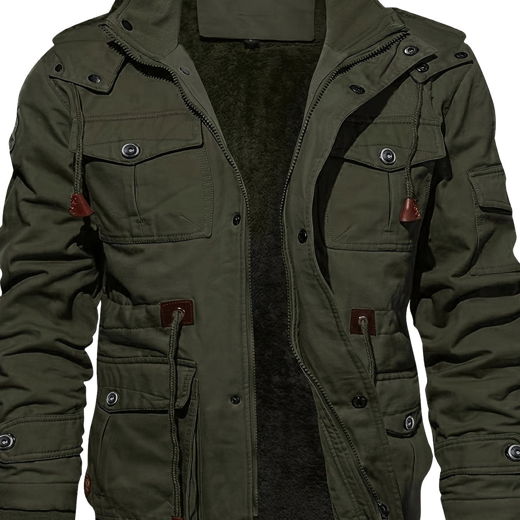 Men's Hooded Jacket Fleece-Lined Mid-Length Multi-Pocket Cargo Coat – Casual, Winter Outdoor Gift