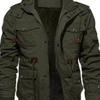 Men's Hooded Jacket Fleece-Lined Mid-Length Multi-Pocket Cargo Coat – Casual, Winter Outdoor Gift