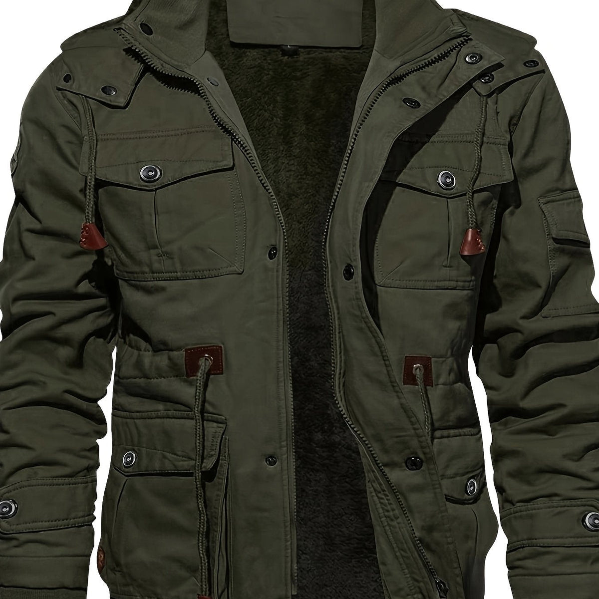 Men's Hooded Jacket Fleece-Lined Mid-Length Multi-Pocket Cargo Coat – Casual, Winter Outdoor Gift