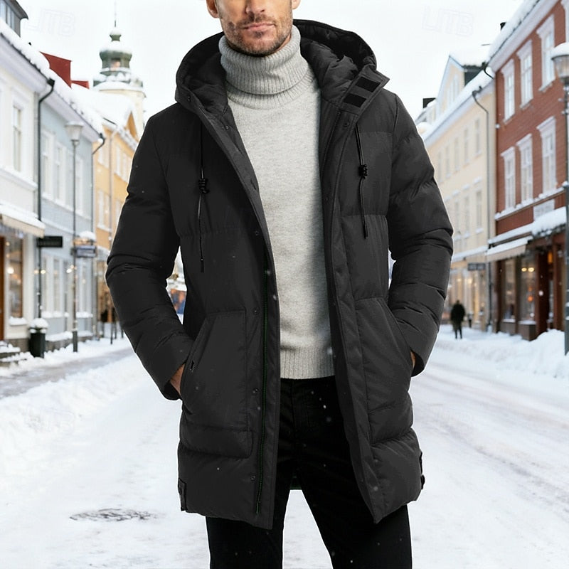 Men's Hooded Longline Winter Coat Black Insulated Puffer Outerwear – Cold Weather, Warm Casual Jacket