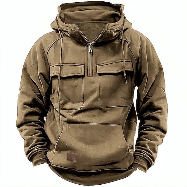 Men's Hooded Pullover Fleece-Lined Quarter-Zip Sweatshirt with Cargo Pockets – Casual, Outdoor, Everyday Wear, Gift