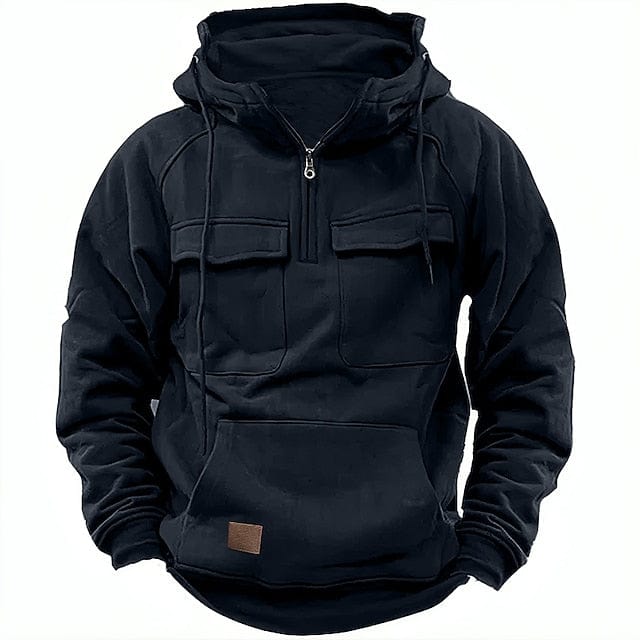 Men's Hooded Pullover Fleece-Lined Quarter-Zip Sweatshirt with Cargo Pockets – Casual, Outdoor, Everyday Wear, Gift