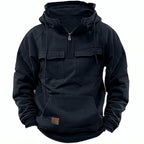 Men's Hooded Pullover Fleece-Lined Quarter-Zip Sweatshirt with Cargo Pockets – Casual, Outdoor, Everyday Wear, Gift