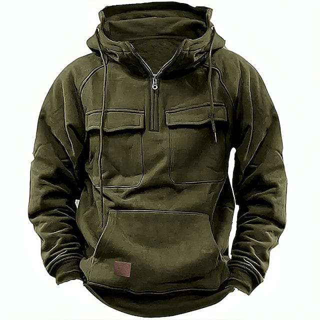 Men's Hooded Pullover Fleece-Lined Quarter-Zip Sweatshirt with Cargo Pockets – Casual, Outdoor, Everyday Wear, Gift