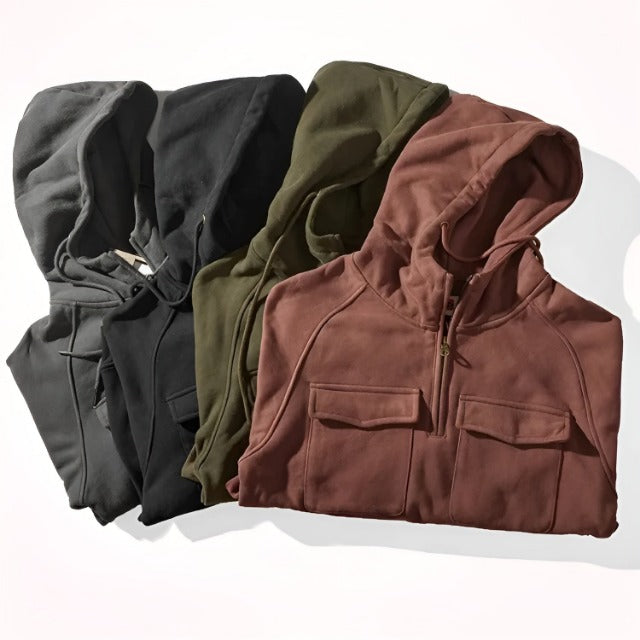 Men's Hooded Pullover Fleece-Lined Quarter-Zip Sweatshirt with Cargo Pockets – Casual, Outdoor, Everyday Wear, Gift