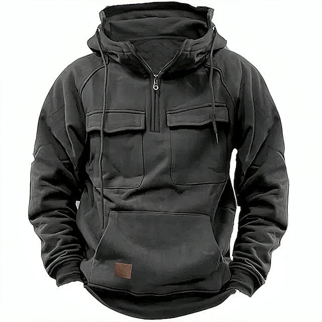 Men's Hooded Pullover Fleece-Lined Quarter-Zip Sweatshirt with Cargo Pockets – Casual, Outdoor, Everyday Wear, Gift