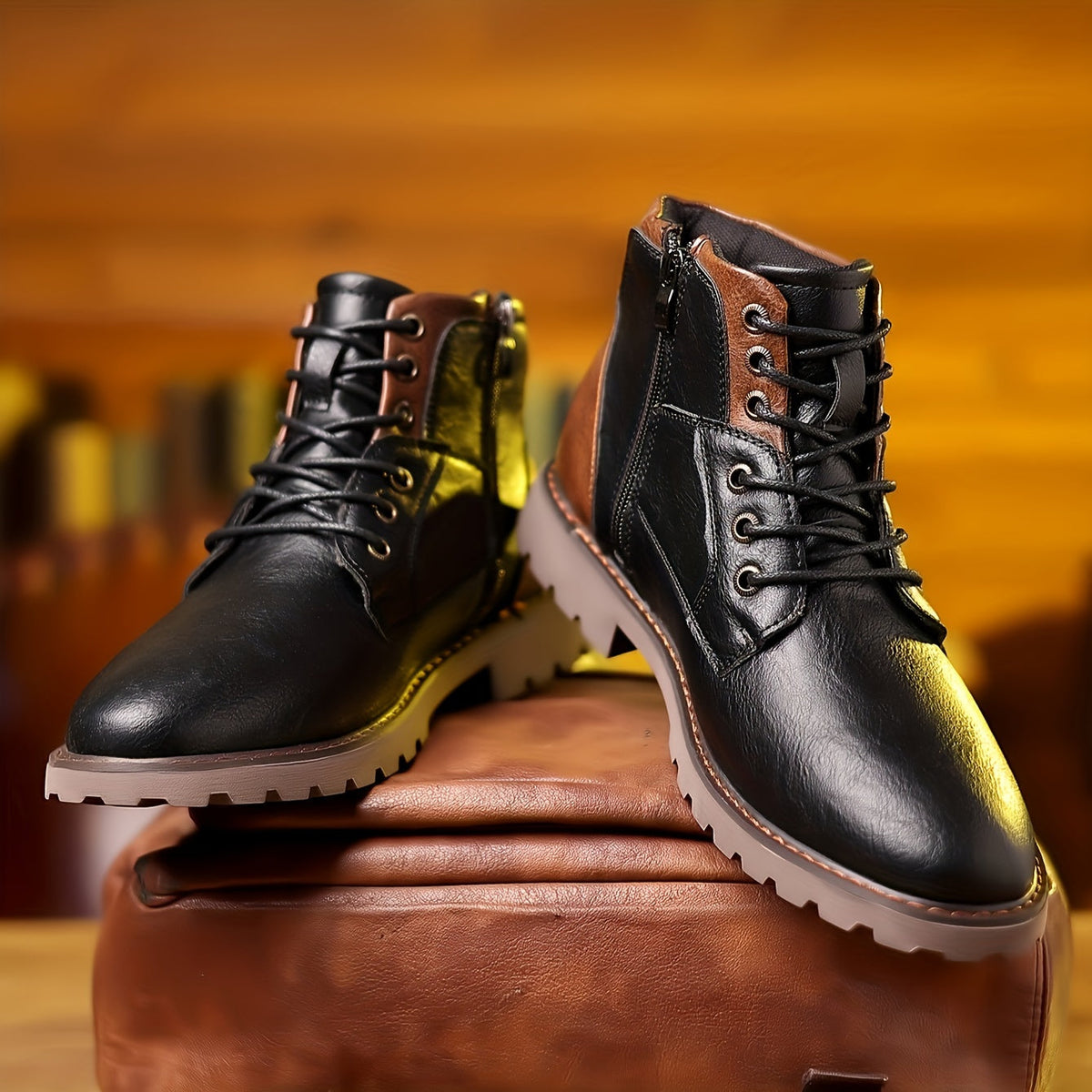 Men's Lace-Up Ankle Boots Black Brown Side Zip Leather – Casual, Office, Everyday, Gift