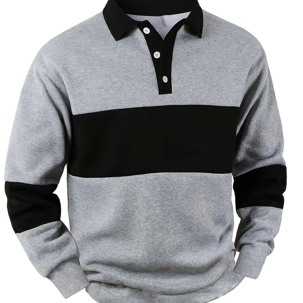 Men's Long Sleeve Polo Shirt Color-Block Black White Button Collar – Casual, Office, Gift