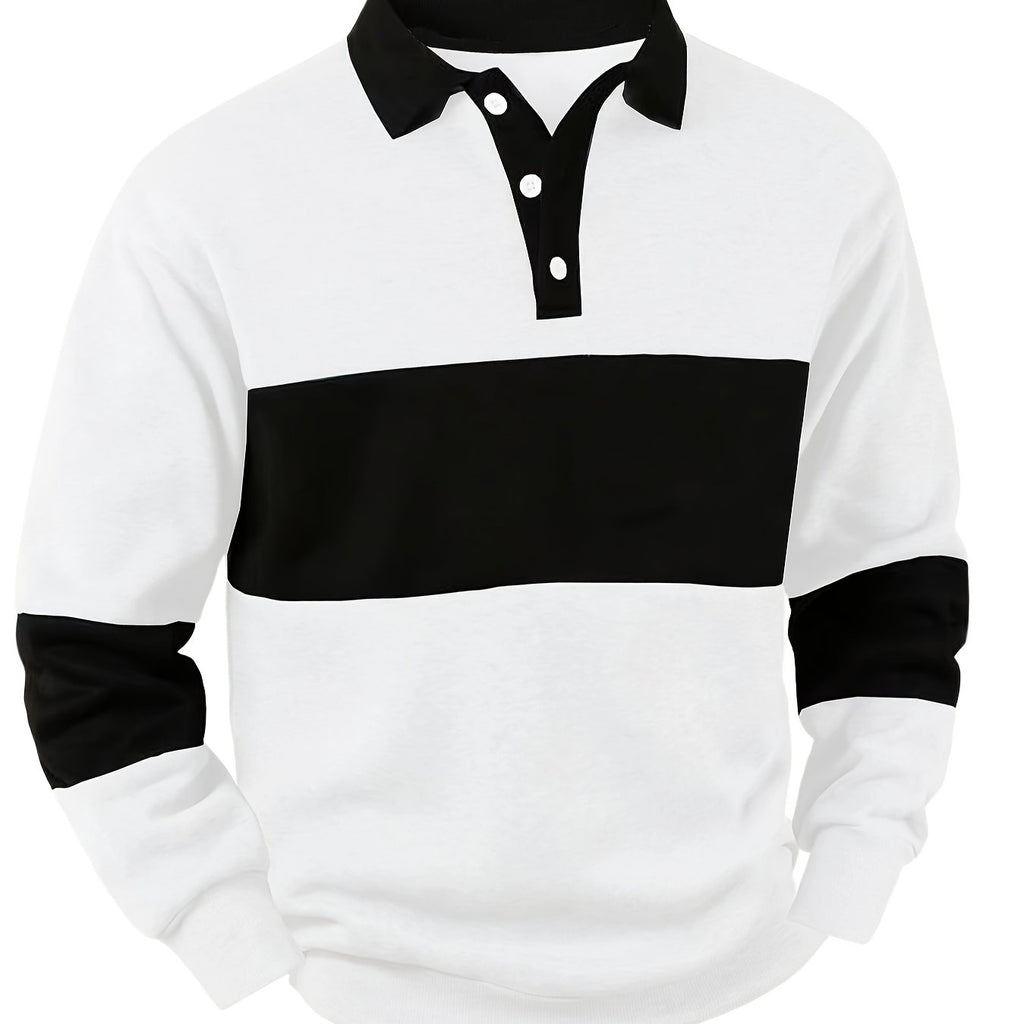 Men's Long Sleeve Polo Shirt Color-Block Black White Button Collar – Casual, Office, Gift