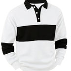 Men's Long Sleeve Polo Shirt Color-Block Black White Button Collar – Casual, Office, Gift