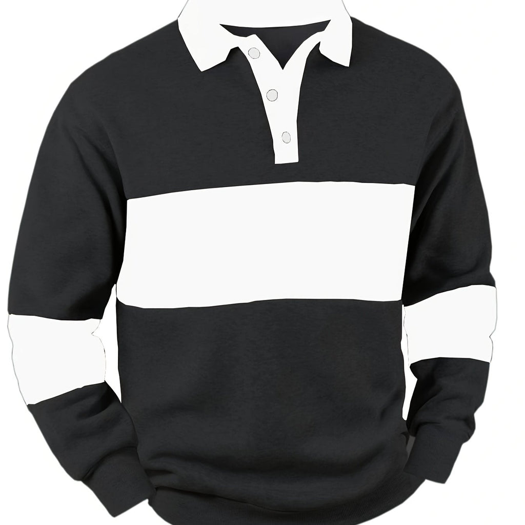 Men's Long Sleeve Polo Shirt Color-Block Black White Button Collar – Casual, Office, Gift