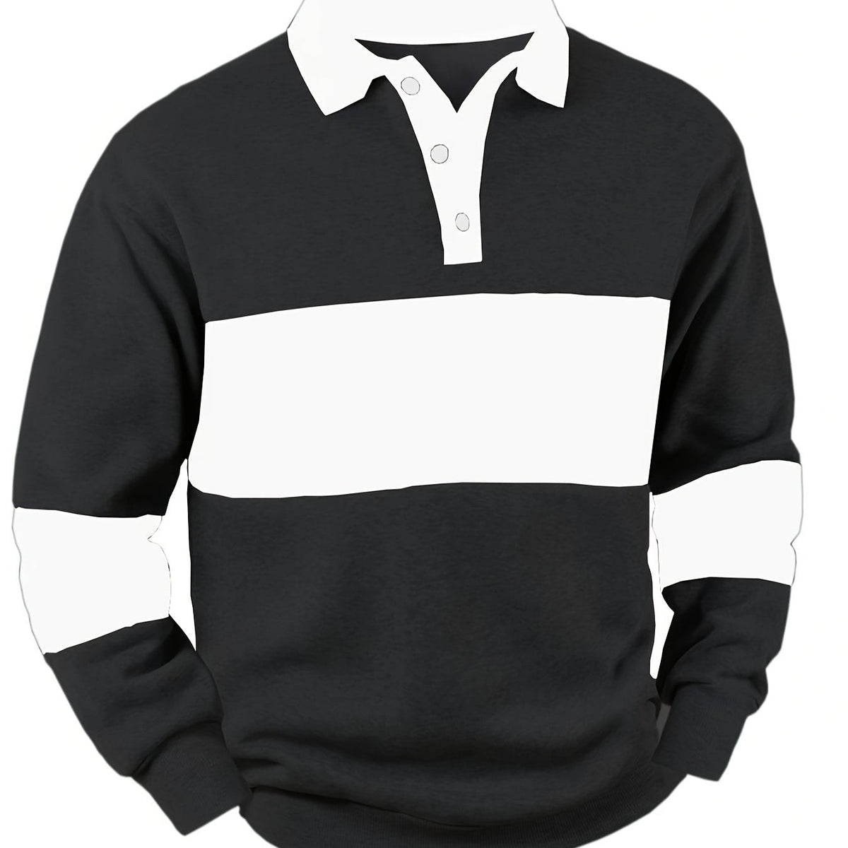 Men's Long Sleeve Polo Shirt Color-Block Black White Button Collar – Casual, Office, Gift