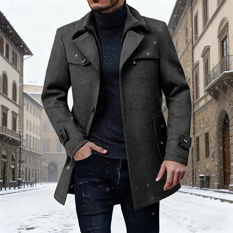 Men's Longline Wool Coat Single-Breasted Lapel Overcoat – Winter, Office, Casual, Gift