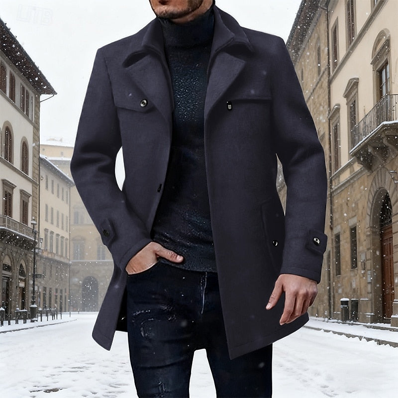 Men's Longline Wool Coat Single-Breasted Lapel Overcoat – Winter, Office, Casual, Gift