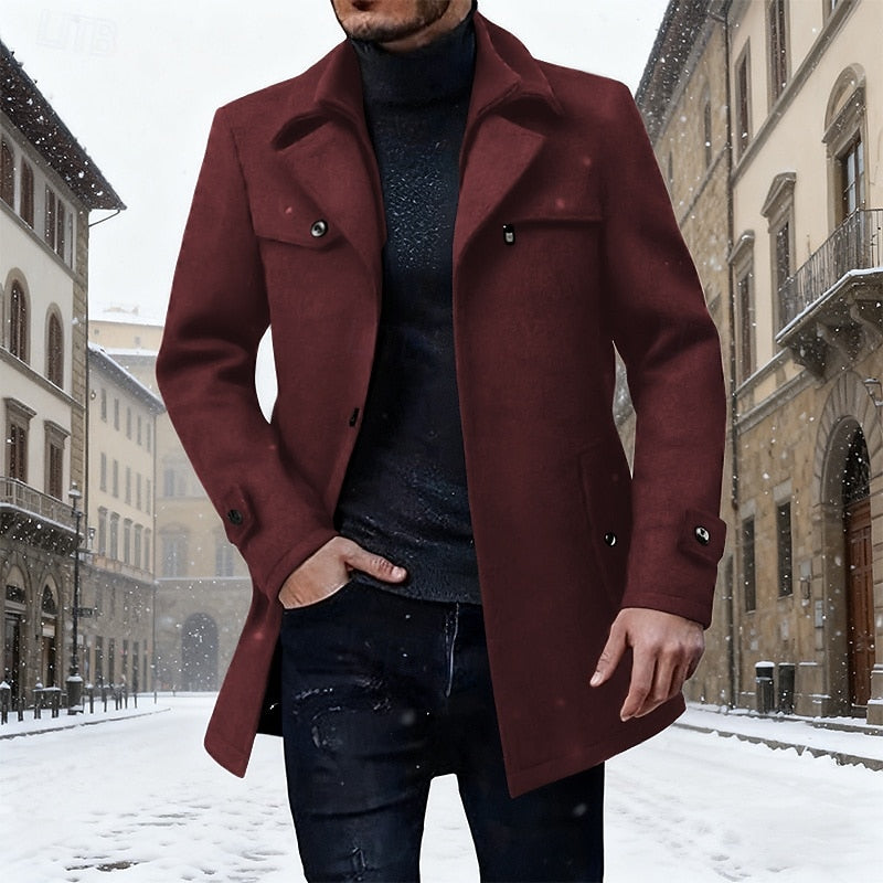 Men's Longline Wool Coat Single-Breasted Lapel Overcoat – Winter, Office, Casual, Gift