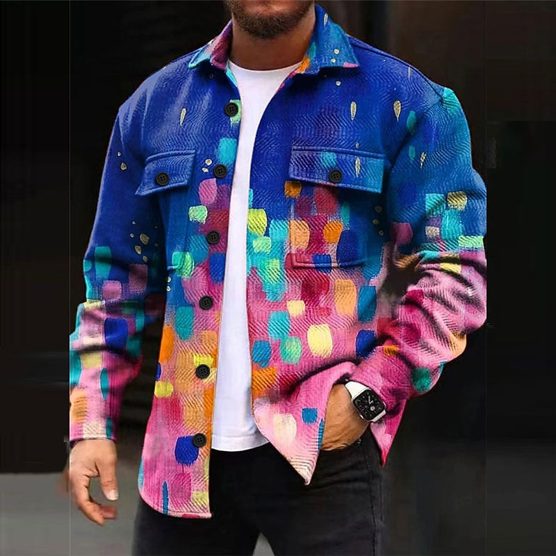 Men's Overshirt Abstract Print Long Sleeve Button-Up Chest Pocket Shacket – Casual, Office