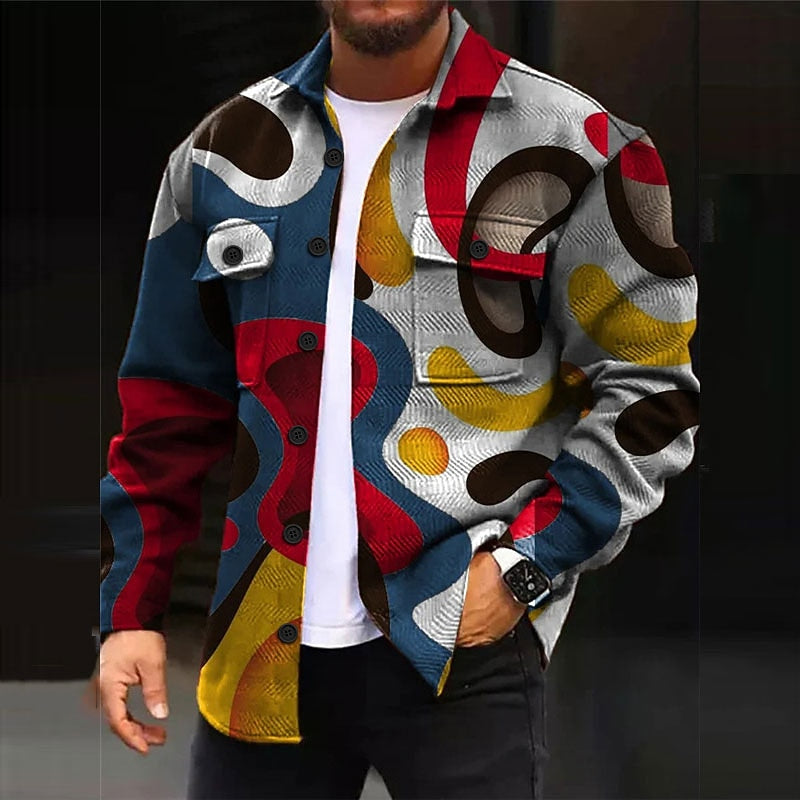 Men's Overshirt Abstract Print Long Sleeve Button-Up Chest Pocket Shacket – Casual, Office